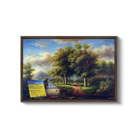 a painting of a river with trees and a sign