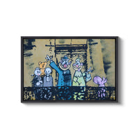 a painting of a group of people standing in front of a building