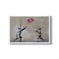 a painting of two children playing with a kite