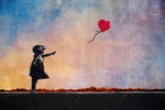 a painting of a girl holding a heart shaped balloon