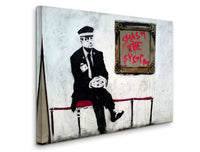 a painting of a man sitting on a bench