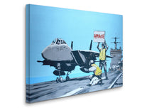 a painting of a fighter jet sitting on top of an aircraft carrier